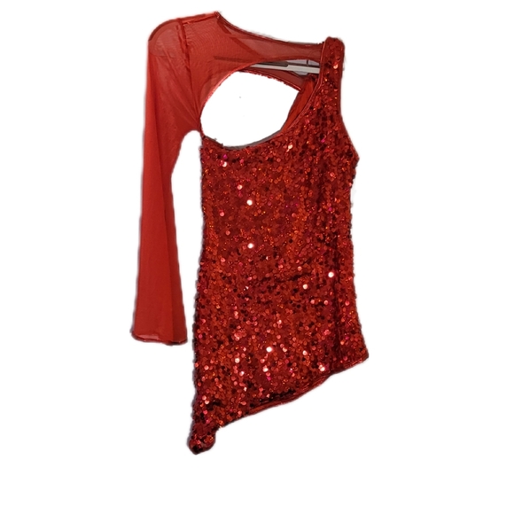 COSTUME striking red sparkly dress, one sleeve, circle connector accent, NWT - Picture 2 of 6